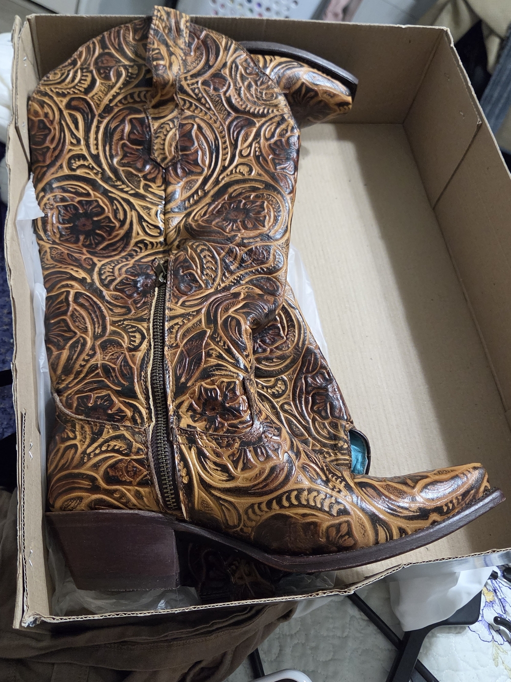 Embossed Floral Tan Western Heeled Boots